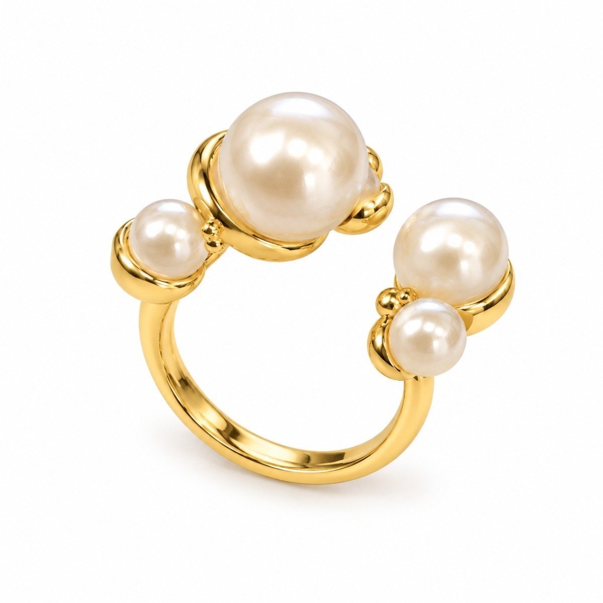 Anillo dorado abierto con cuatro detalles perlados