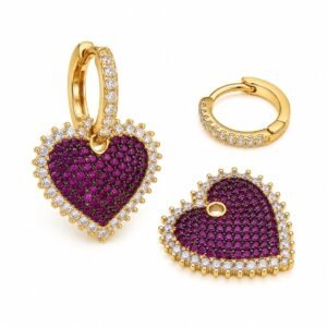 Aritos dorados con corazón morado y circonia