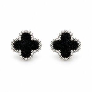 Aritos trébol negro con borde plateado