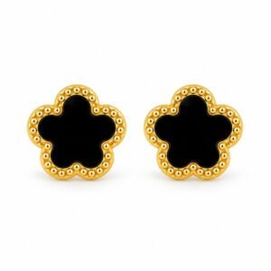 Aritos flor negra de cinco pétalos con borde dorado
