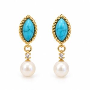 Aritos colgantes dorados con detalle azul y esfera perlada