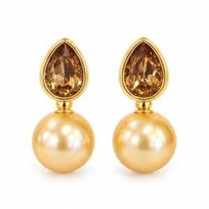 Aritos dorados con circonia ámbar y esfera perlada