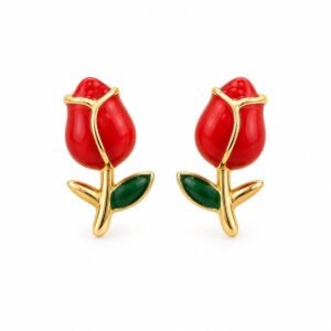 Aritos dorados de rosas rojas con hojas verdes