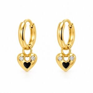 Aretes de argolla dorados con corazón negro y circonias