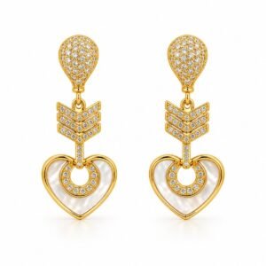 Aretes dorados de flecha y corazón blanco con circonias