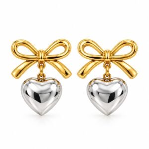 Aretes de lazo dorado con corazón plateado