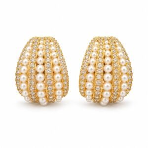 Aritos dorados con hileras de perlas y circonias