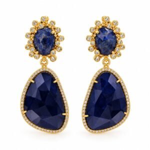 Aritos largos dorados con piedras azul oscuro y circonias