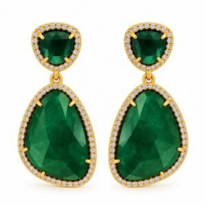 Aritos colgantes dorados con piedras verde oscuro y circonias