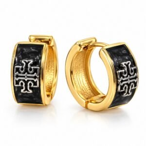 Aritos de argolla dorados con frente negro y relieve plateado