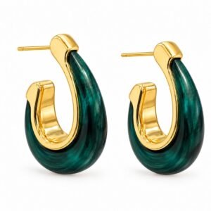 Aritos de Argolla Dorados con Diseño Verde Oscuro