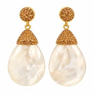 Aretes dorados con gotas nacaradas y circonias ámbar