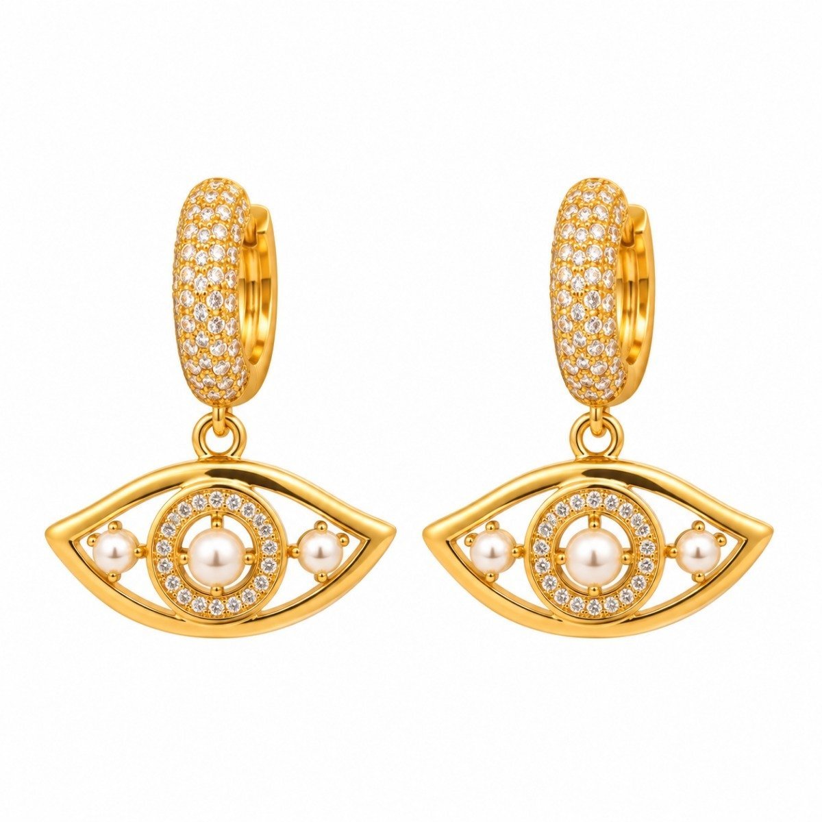 Aritos dorados con dije de ojo y detalles perlados