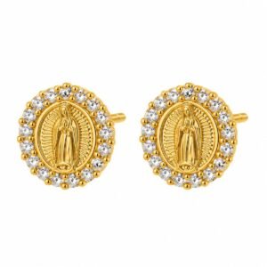 Aritos dorados de Virgen con halo circular de circonias