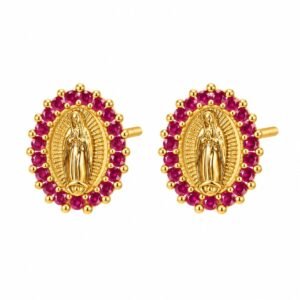 Aritos dorados ovalados de la Virgen con circonias fucsia