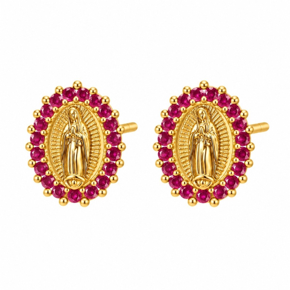 Aritos dorados ovalados de la Virgen con circonias fucsia