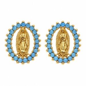 Aritos dorados ovalados de la Virgen con circonias celestes