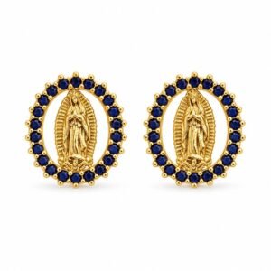 Aritos dorados ovalados de la Virgen con circonias azul oscuro