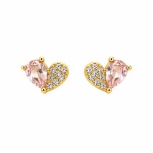Aritos dorados de corazón con circonia rosa y detalle de circonias