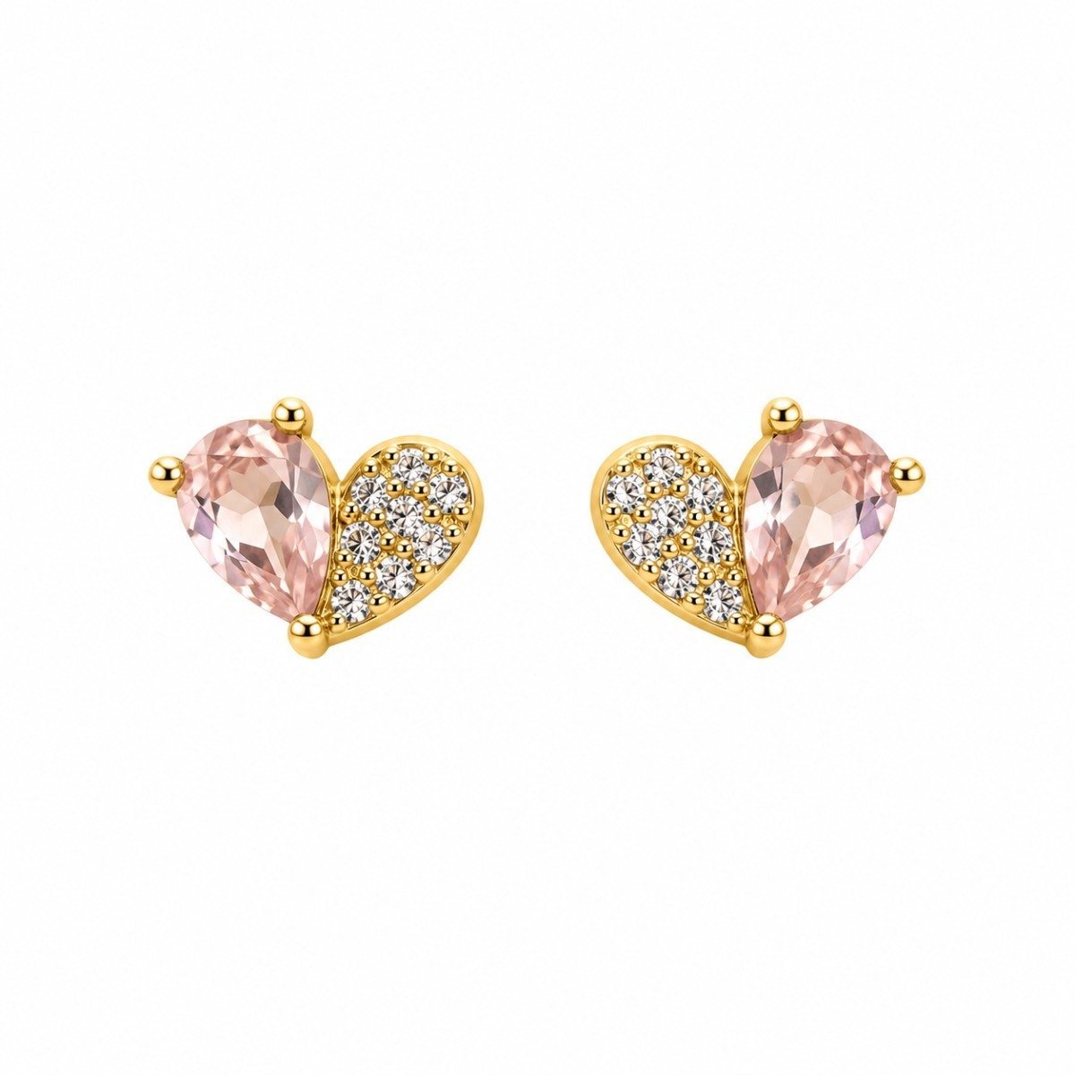 Aritos dorados de corazón con circonia rosa y detalle de circonias