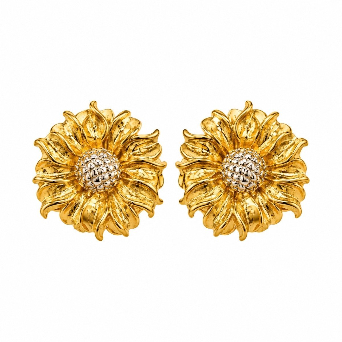 Aritos dorados de flor con centro plateado texturizado