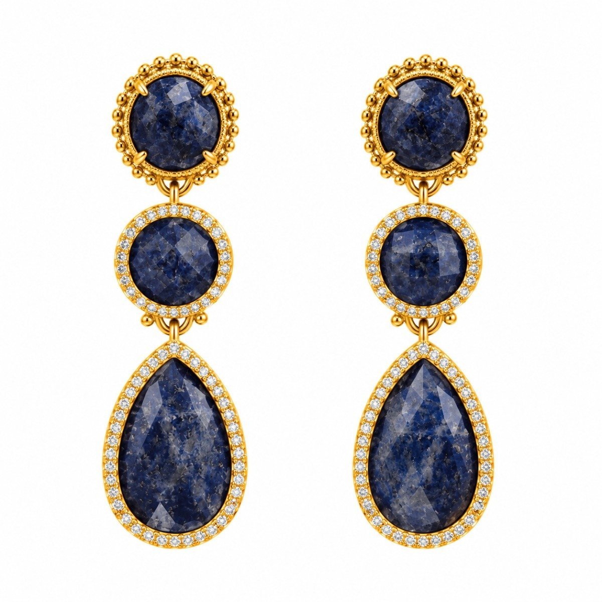 Aritos colgantes dorados con piezas azul oscuro y circonias