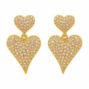 Aritos colgantes dorados de doble corazón con circonias