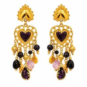 Aritos dorados con corazón oscuro y colgantes multicolor