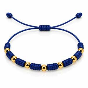 Pulsera azul de nudos y cuentas doradas