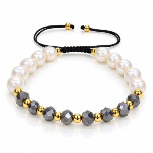 Pulsera blanca con cuentas grises facetadas