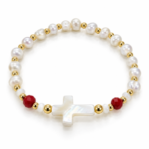 Pulsera blanca con cruz y cuentas rojas