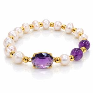 Pulsera blanca y morada con detalle ovalado