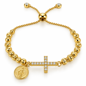 Pulsera dorada con cruz y medalla