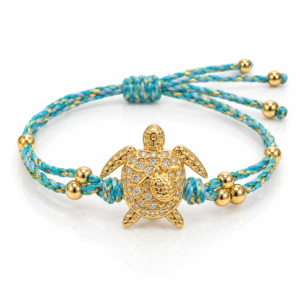 Pulsera tejida turquesa con tortuga