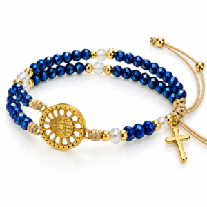 Pulsera azul de doble vuelta con cruz