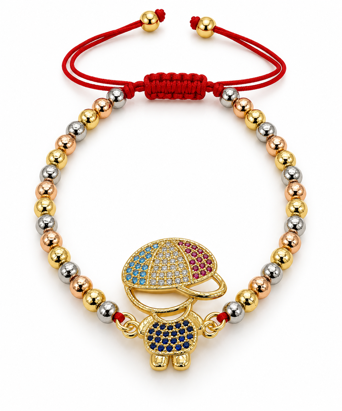 Pulsera roja con dije de niño multicolor