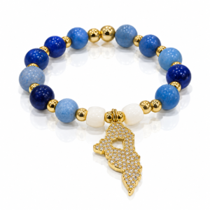 Pulsera azul con mapa dorado colgante