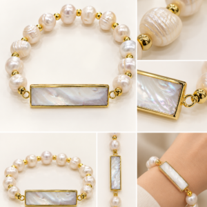 Pulsera blanca con placa rectangular nacarada