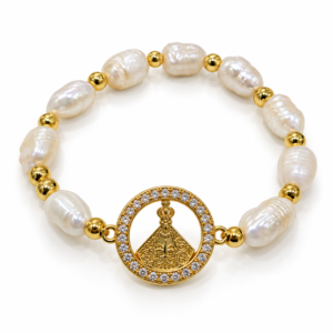 Pulsera blanca con medalla religiosa abierta