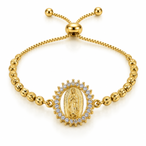 Pulsera dorada con medalla religiosa brillante