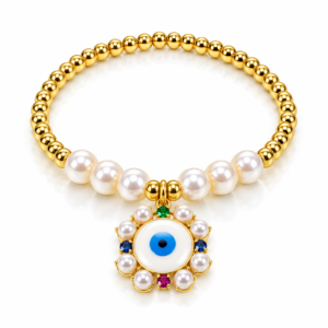 Pulsera dorada y blanca con ojo multicolor