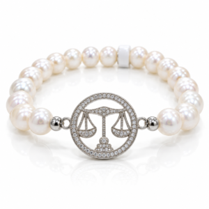 Pulsera blanca con símbolo de balanza plateado