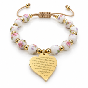 Pulsera floral rosa con corazón grabado
