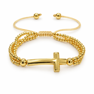 Pulsera dorada de varias vueltas con cruz