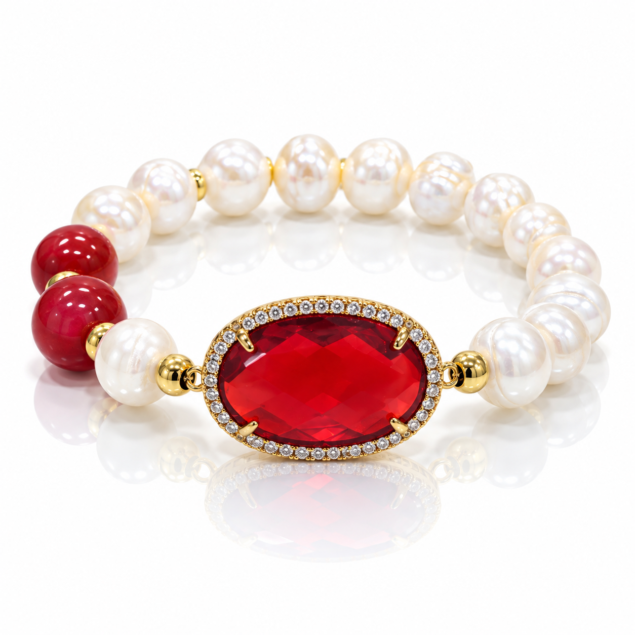 Pulsera blanca y roja con óvalo brillante