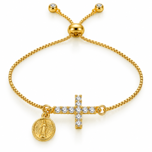 Pulsera fina con cruz y medalla dorada