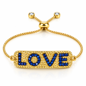 Pulsera dorada con LOVE azul