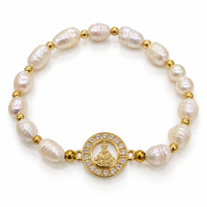 Pulsera blanca con medalla religiosa circular