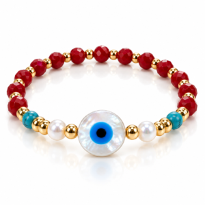 Pulsera roja y blanca con ojo azul