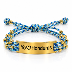 Pulsera azul tejida con placa de Honduras